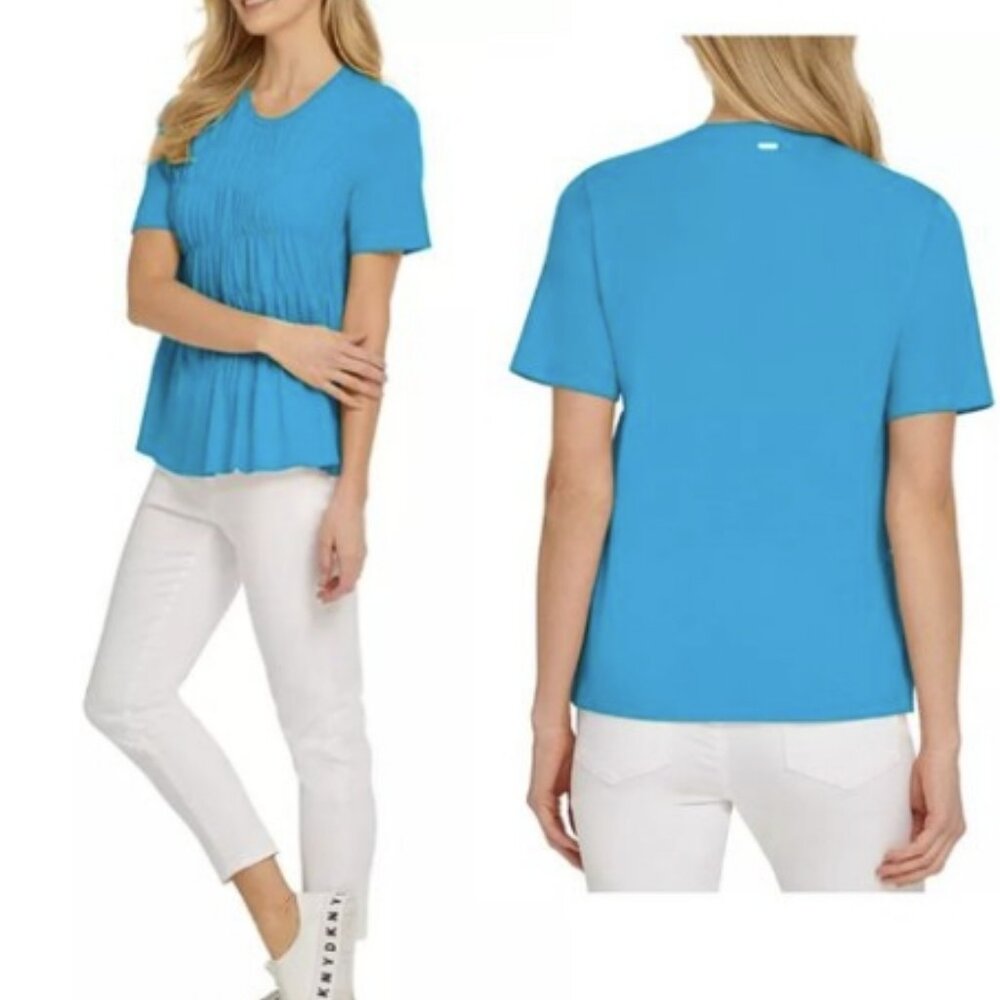 DKNY Women's Ruched Short Sleeve Top - Size: XL - Color: Tropical Blue NWT